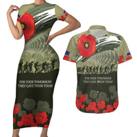 ANZAC Day We Remember Couples Matching Short Sleeve Bodycon Dress and Hawaiian Shirt Maori Silver Fern Camouflage Motif LT9 Green - Polynesian Pride