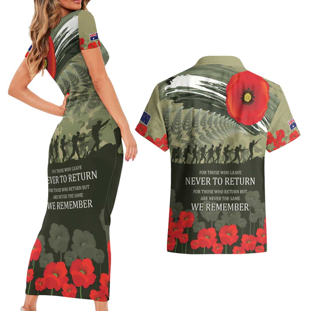ANZAC Day We Remember Couples Matching Short Sleeve Bodycon Dress and Hawaiian Shirt Maori Silver Fern Camouflage Motif LT9 - Polynesian Pride
