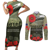 ANZAC Day We Remember Couples Matching Short Sleeve Bodycon Dress and Long Sleeve Button Shirt Maori Silver Fern Camouflage Motif LT9 Green - Polynesian Pride