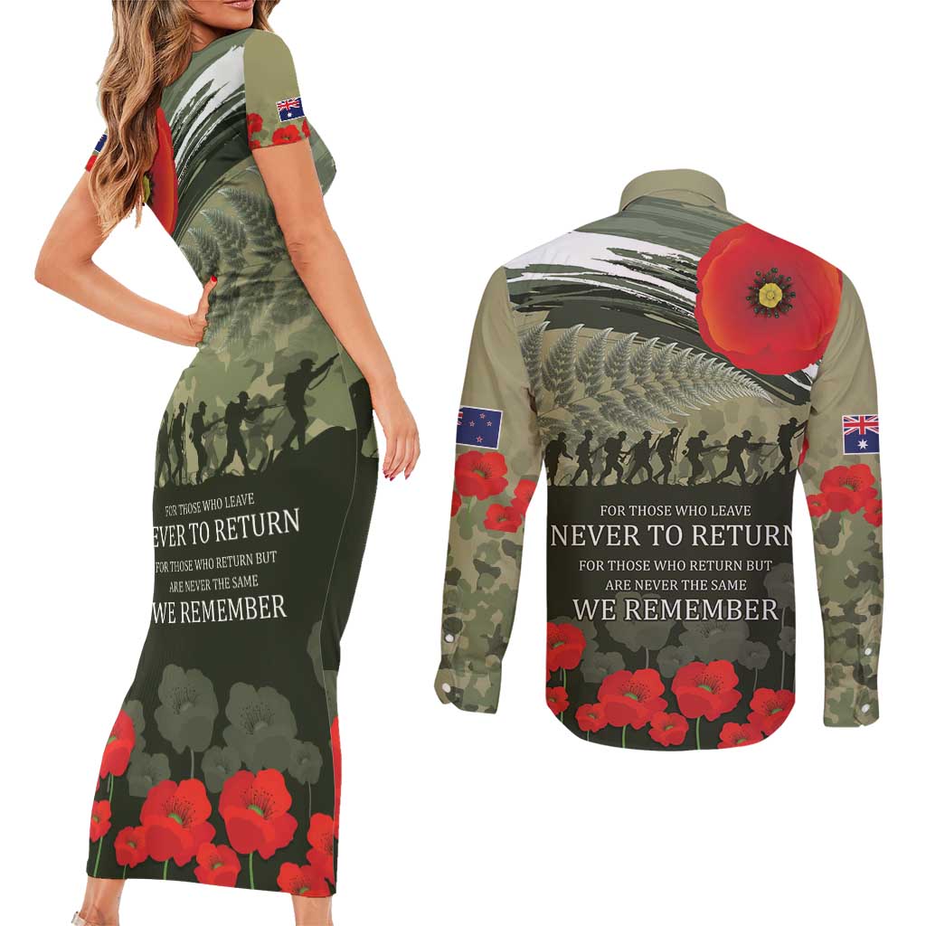 ANZAC Day We Remember Couples Matching Short Sleeve Bodycon Dress and Long Sleeve Button Shirt Maori Silver Fern Camouflage Motif LT9 - Polynesian Pride