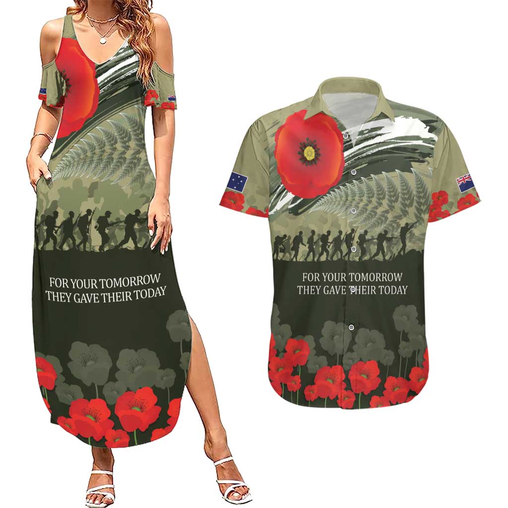 ANZAC Day We Remember Couples Matching Summer Maxi Dress and Hawaiian Shirt Maori Silver Fern Camouflage Motif LT9 Green - Polynesian Pride