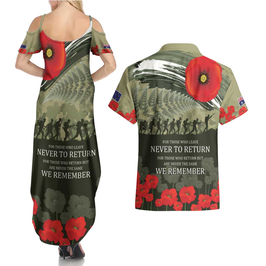 ANZAC Day We Remember Couples Matching Summer Maxi Dress and Hawaiian Shirt Maori Silver Fern Camouflage Motif LT9 - Polynesian Pride