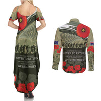 ANZAC Day We Remember Couples Matching Summer Maxi Dress and Long Sleeve Button Shirt Maori Silver Fern Camouflage Motif LT9 - Polynesian Pride