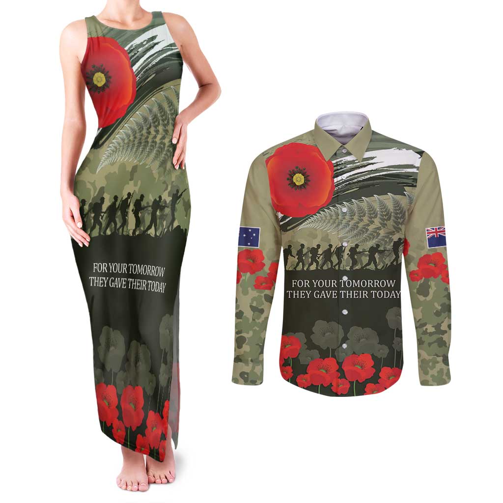 ANZAC Day We Remember Couples Matching Tank Maxi Dress and Long Sleeve Button Shirt Maori Silver Fern Camouflage Motif LT9 Green - Polynesian Pride