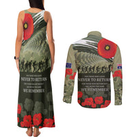 ANZAC Day We Remember Couples Matching Tank Maxi Dress and Long Sleeve Button Shirt Maori Silver Fern Camouflage Motif LT9 - Polynesian Pride