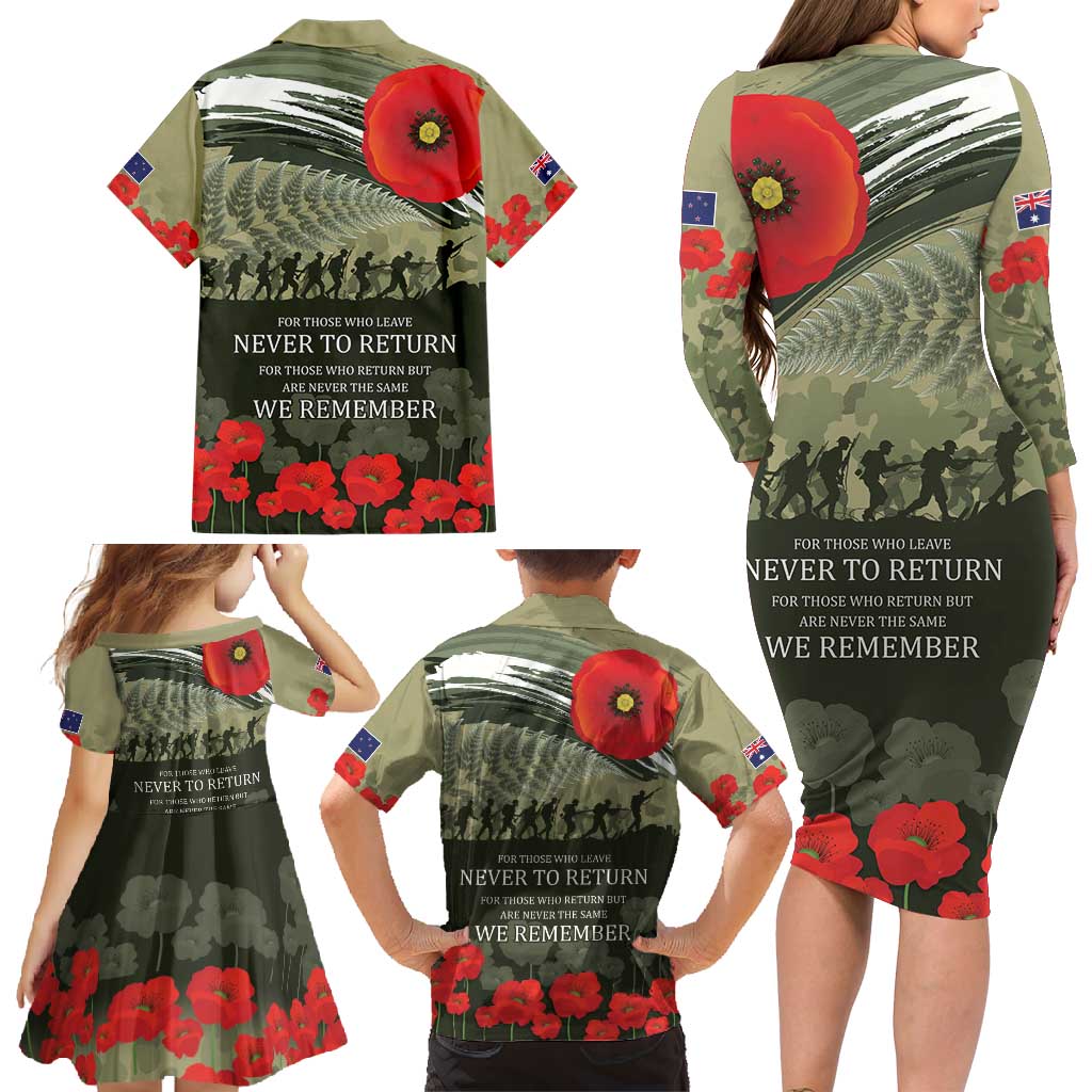 ANZAC Day We Remember Family Matching Long Sleeve Bodycon Dress and Hawaiian Shirt Maori Silver Fern Camouflage Motif LT9 - Polynesian Pride