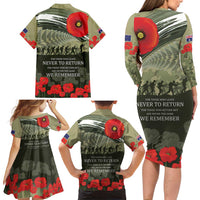 ANZAC Day We Remember Family Matching Long Sleeve Bodycon Dress and Hawaiian Shirt Maori Silver Fern Camouflage Motif LT9 - Polynesian Pride