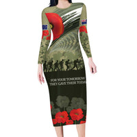ANZAC Day We Remember Family Matching Long Sleeve Bodycon Dress and Hawaiian Shirt Maori Silver Fern Camouflage Motif LT9 Mom's Dress Green - Polynesian Pride