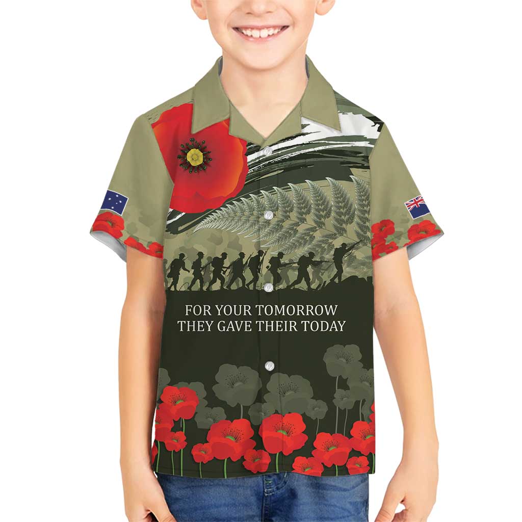 ANZAC Day We Remember Family Matching Long Sleeve Bodycon Dress and Hawaiian Shirt Maori Silver Fern Camouflage Motif LT9 Son's Shirt Green - Polynesian Pride