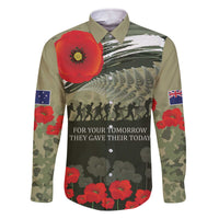 ANZAC Day We Remember Family Matching Off The Shoulder Long Sleeve Dress and Hawaiian Shirt Maori Silver Fern Camouflage Motif LT9 Dad's Shirt - Long Sleeve Green - Polynesian Pride