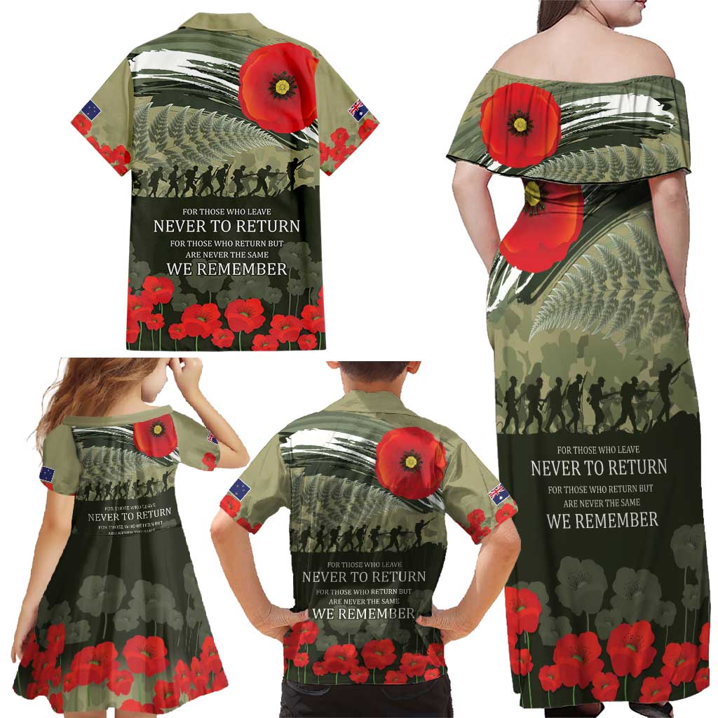 ANZAC Day We Remember Family Matching Off Shoulder Maxi Dress and Hawaiian Shirt Maori Silver Fern Camouflage Motif LT9 - Polynesian Pride