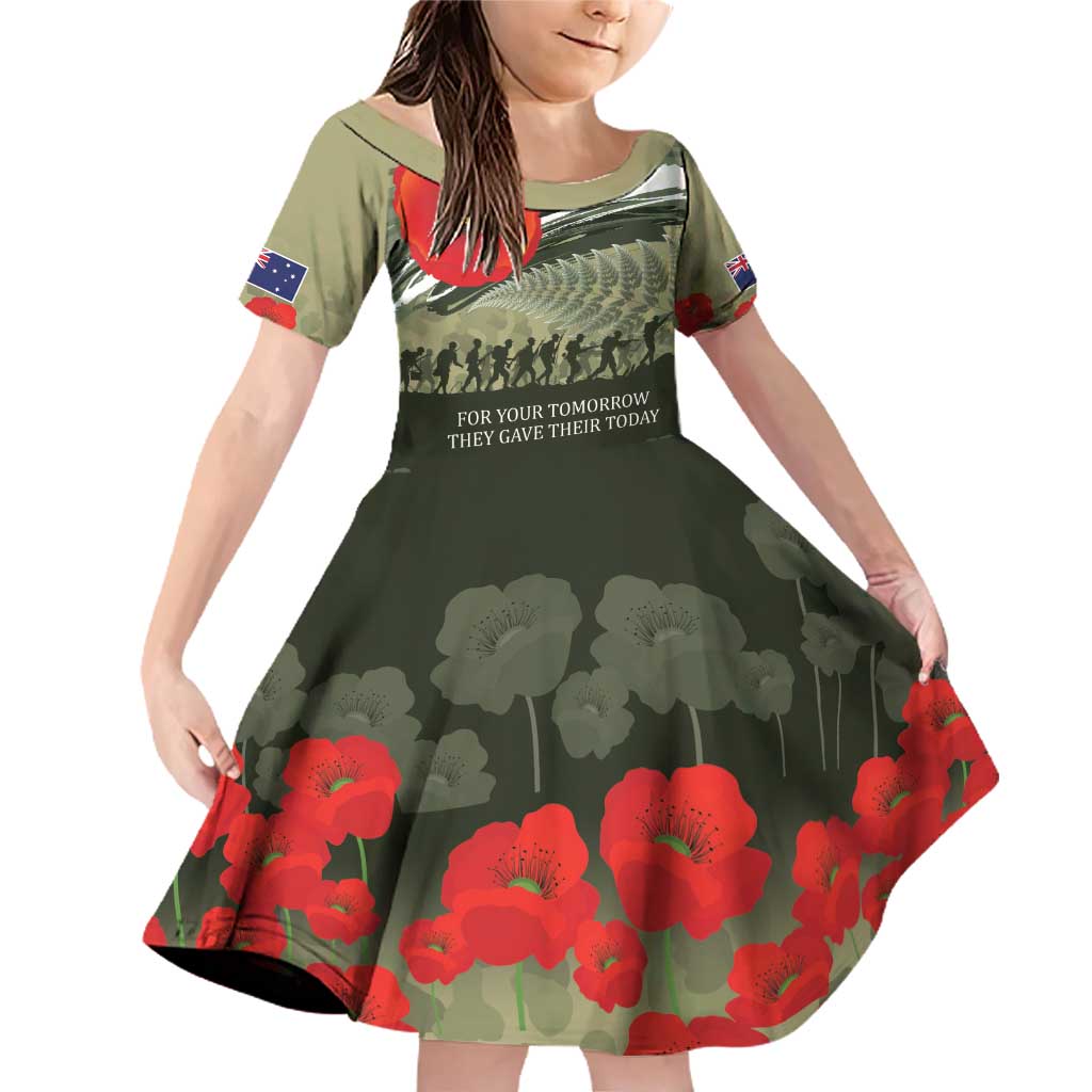 ANZAC Day We Remember Family Matching Off Shoulder Short Dress and Hawaiian Shirt Maori Silver Fern Camouflage Motif LT9 Daughter's Dress Green - Polynesian Pride