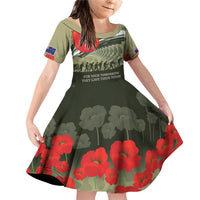 ANZAC Day We Remember Family Matching Off Shoulder Short Dress and Hawaiian Shirt Maori Silver Fern Camouflage Motif LT9 Daughter's Dress Green - Polynesian Pride
