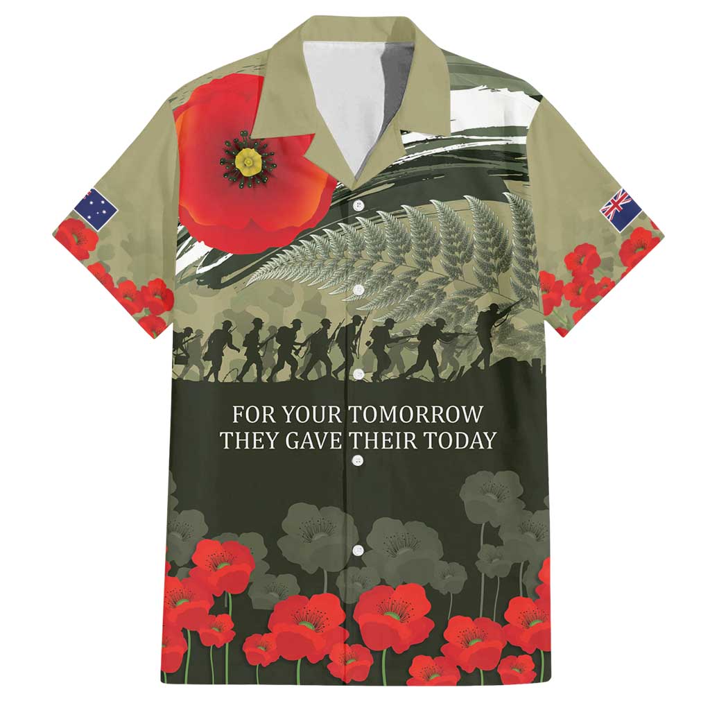 ANZAC Day We Remember Family Matching Puletasi and Hawaiian Shirt Maori Silver Fern Camouflage Motif LT9 Dad's Shirt - Short Sleeve Green - Polynesian Pride