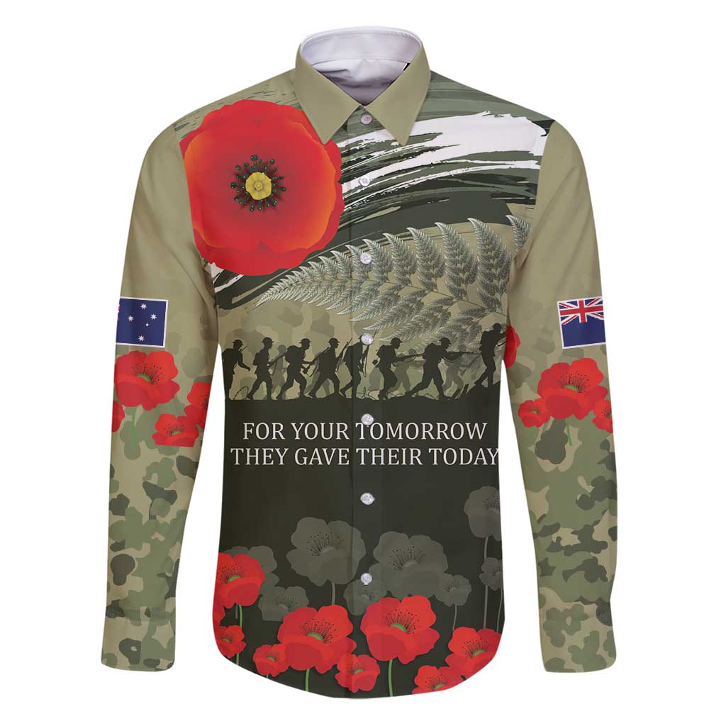 ANZAC Day We Remember Family Matching Puletasi and Hawaiian Shirt Maori Silver Fern Camouflage Motif LT9 Dad's Shirt - Long Sleeve Green - Polynesian Pride