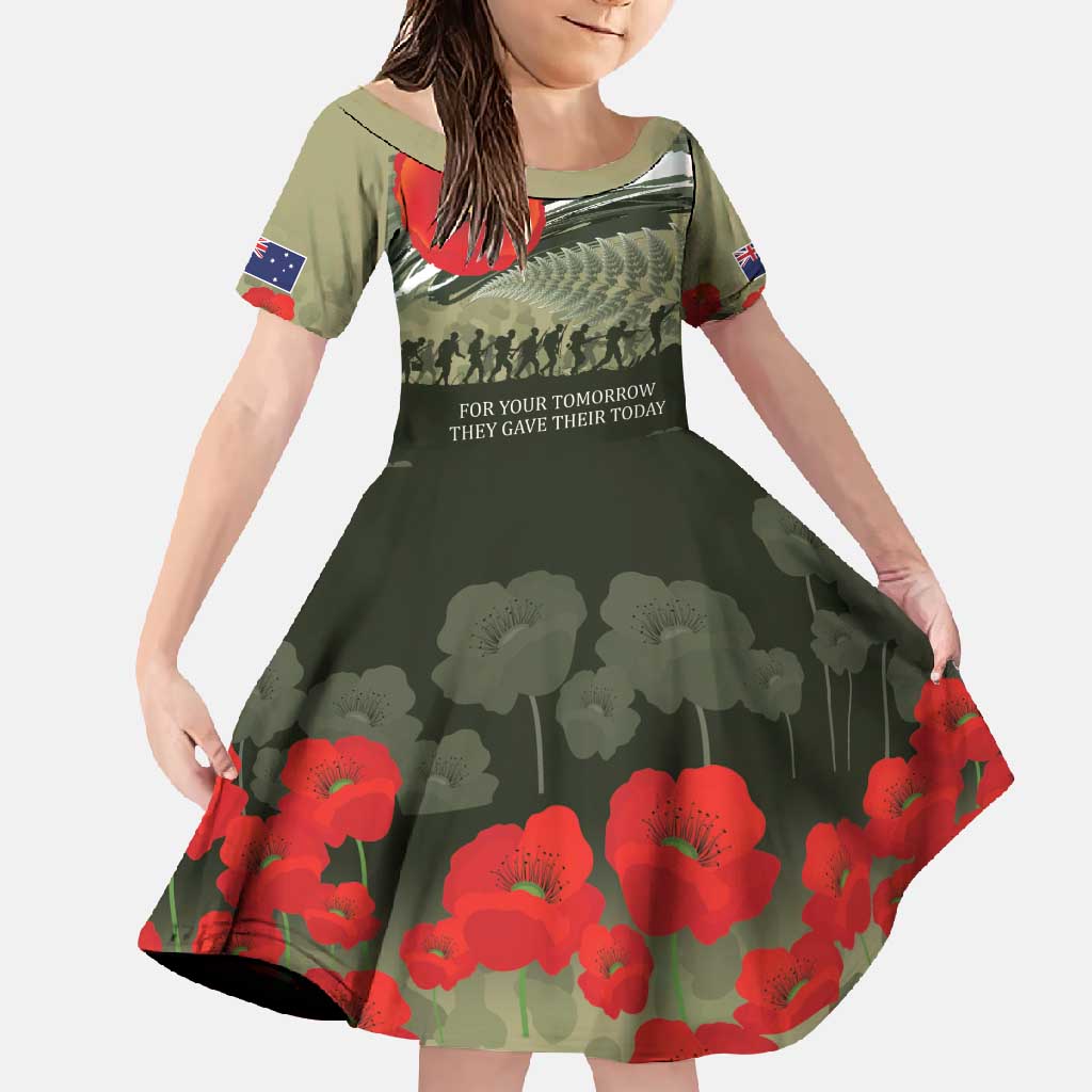 ANZAC Day We Remember Family Matching Short Sleeve Bodycon Dress and Hawaiian Shirt Maori Silver Fern Camouflage Motif LT9 Daughter's Dress Green - Polynesian Pride