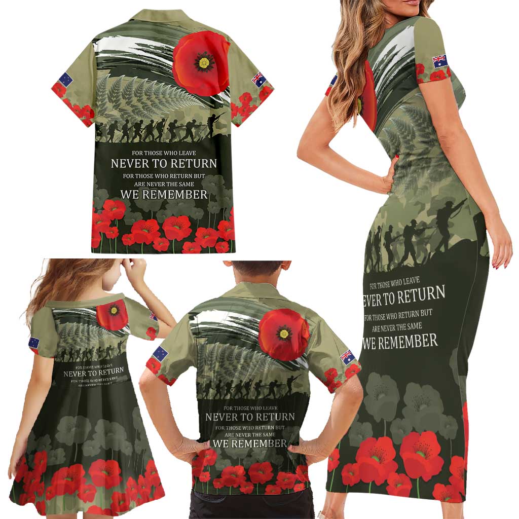 ANZAC Day We Remember Family Matching Short Sleeve Bodycon Dress and Hawaiian Shirt Maori Silver Fern Camouflage Motif LT9 - Polynesian Pride