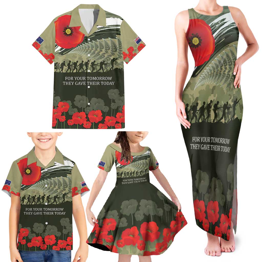 ANZAC Day We Remember Family Matching Tank Maxi Dress and Hawaiian Shirt Maori Silver Fern Camouflage Motif LT9 - Polynesian Pride