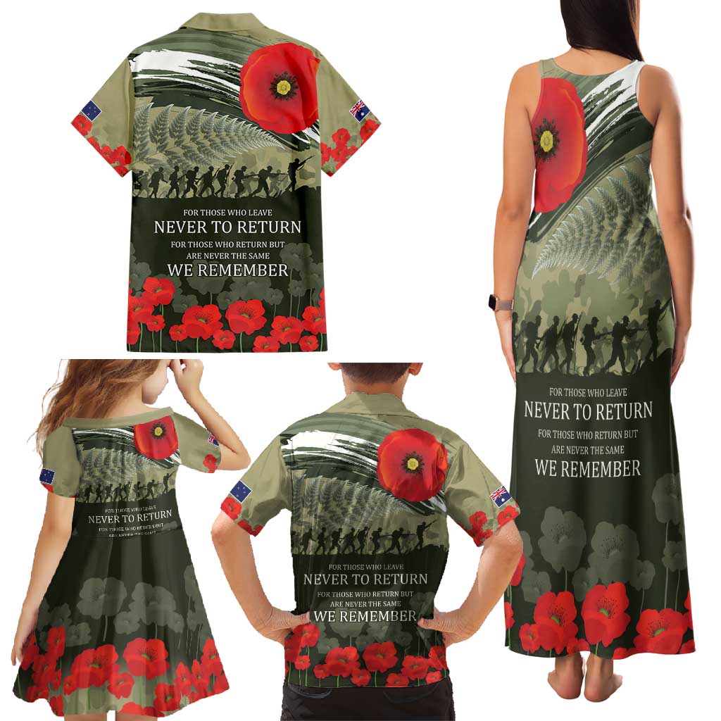 ANZAC Day We Remember Family Matching Tank Maxi Dress and Hawaiian Shirt Maori Silver Fern Camouflage Motif LT9 - Polynesian Pride