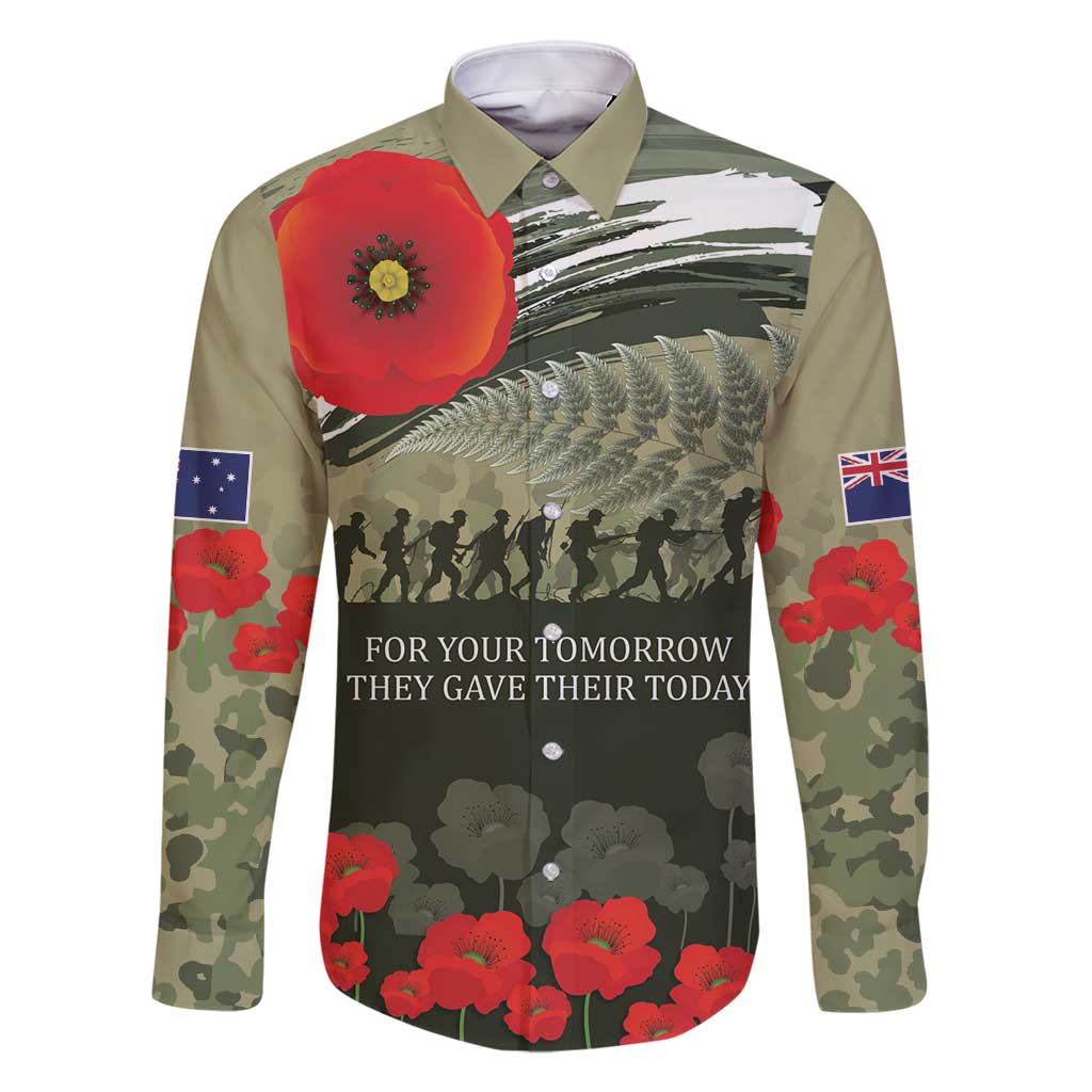 ANZAC Day We Remember Family Matching Tank Maxi Dress and Hawaiian Shirt Maori Silver Fern Camouflage Motif LT9 Dad's Shirt - Long Sleeve Green - Polynesian Pride