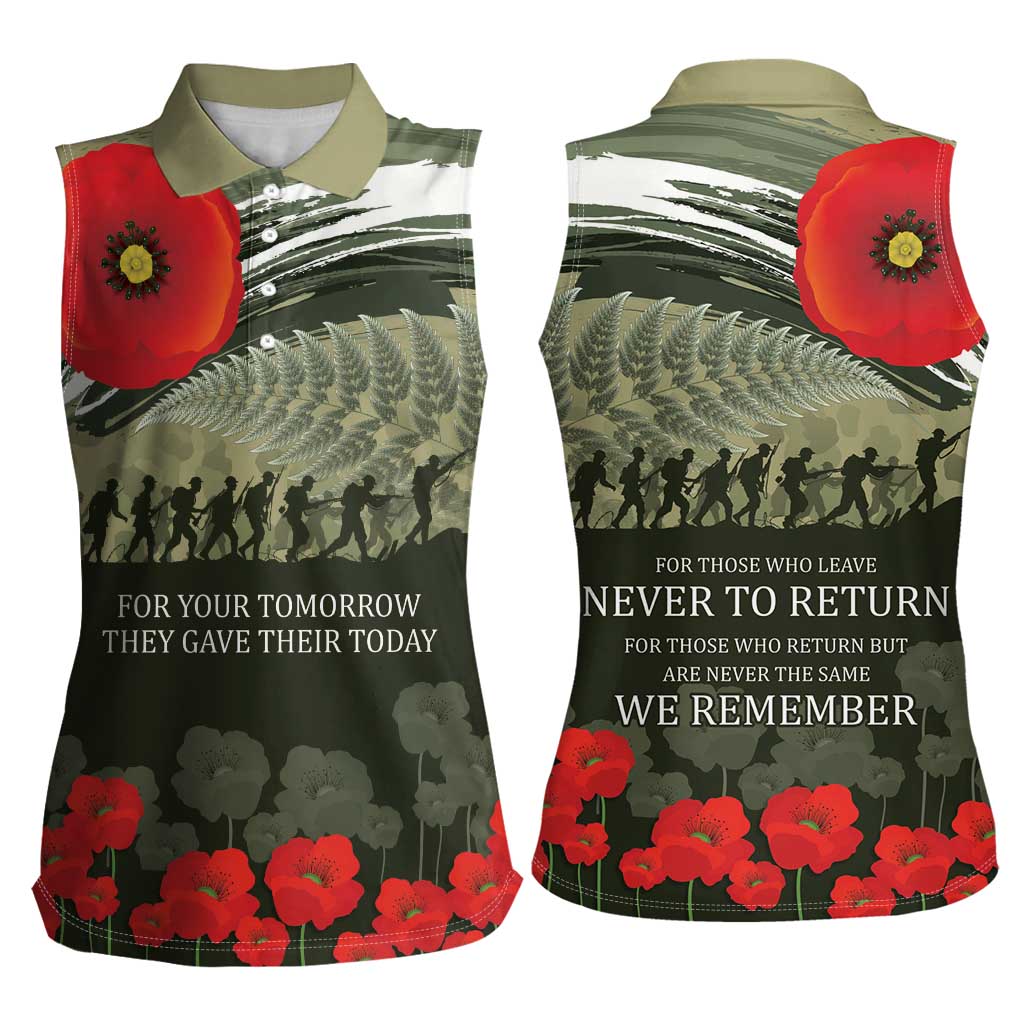 ANZAC Day We Remember Women Sleeveless Polo Shirt Maori Silver Fern Camouflage Motif LT9 - Polynesian Pride