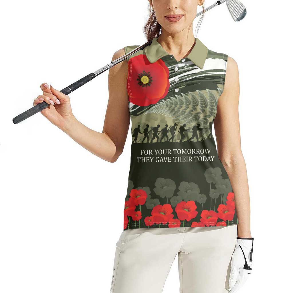 ANZAC Day We Remember Women Sleeveless Polo Shirt Maori Silver Fern Camouflage Motif LT9 - Polynesian Pride