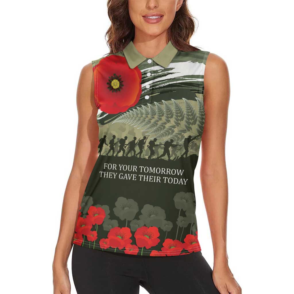 ANZAC Day We Remember Women Sleeveless Polo Shirt Maori Silver Fern Camouflage Motif LT9 - Polynesian Pride