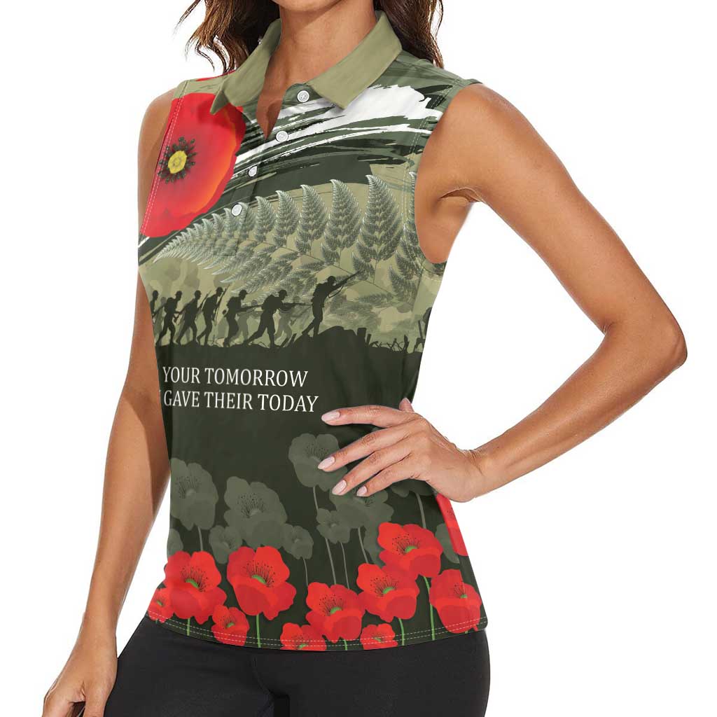 ANZAC Day We Remember Women Sleeveless Polo Shirt Maori Silver Fern Camouflage Motif LT9 - Polynesian Pride