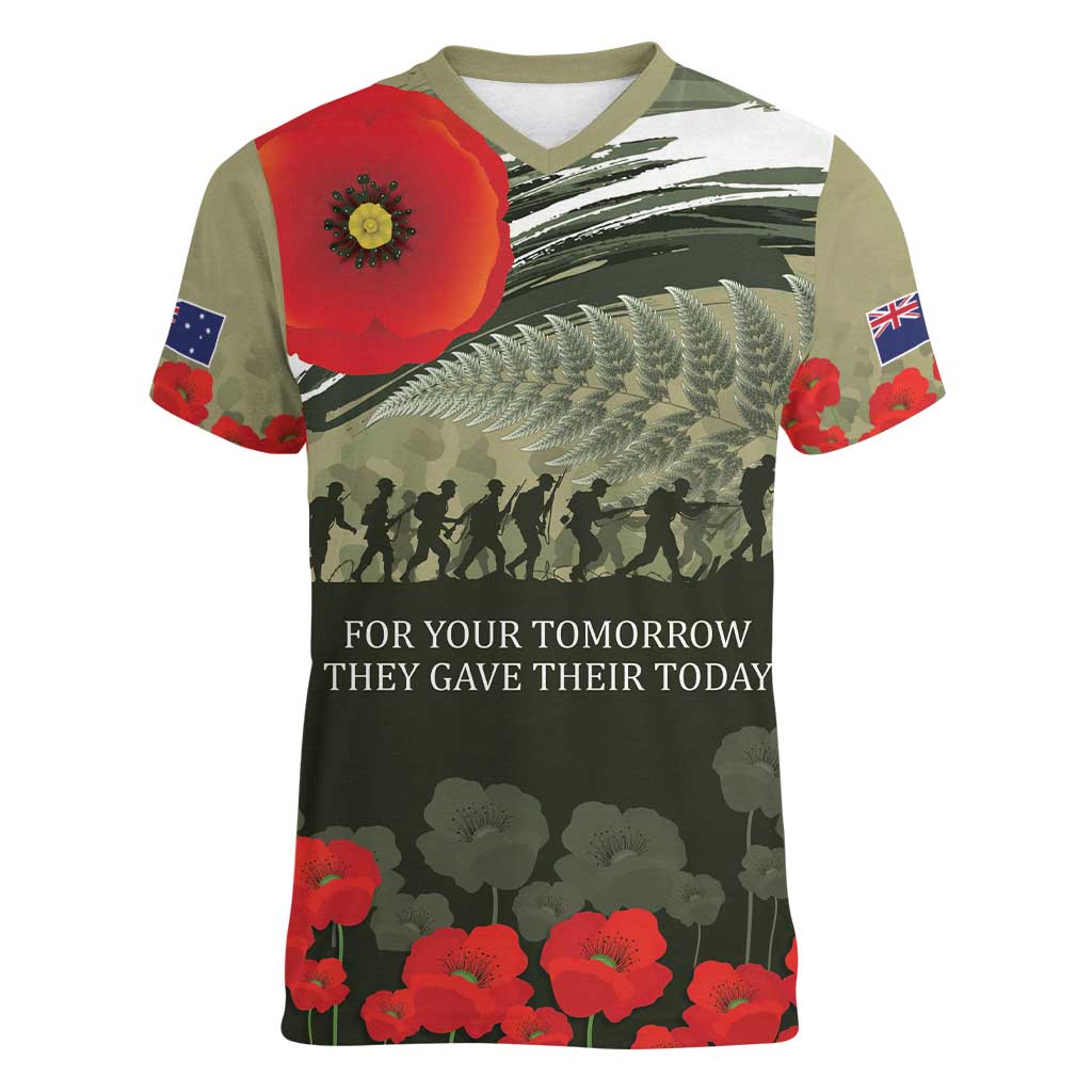 ANZAC Day We Remember Women V-Neck T-Shirt Maori Silver Fern Camouflage Motif LT9 Female Green - Polynesian Pride