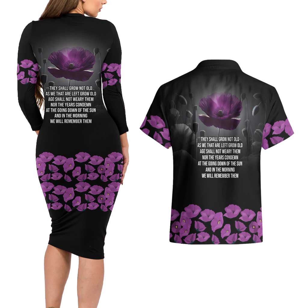 ANZAC Day Remembrance Couples Matching Long Sleeve Bodycon Dress and Hawaiian Shirt Purple Poppy We Will Remember Them LT9 - Polynesian Pride