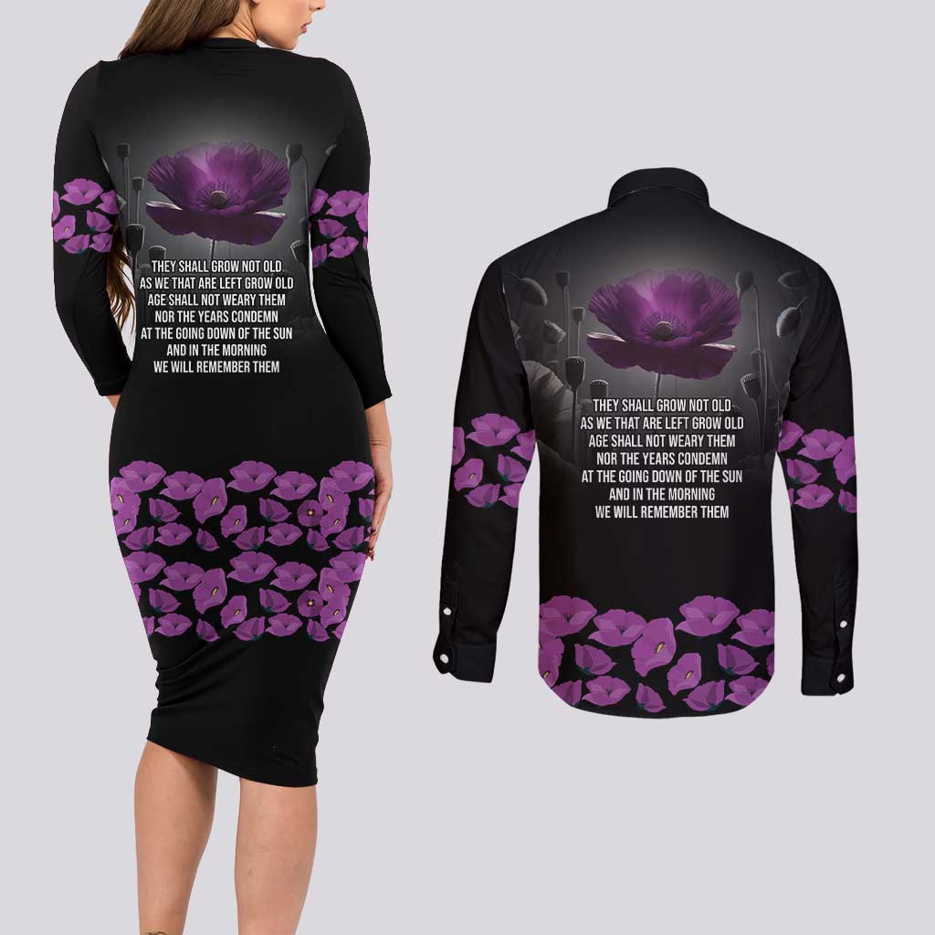 ANZAC Day Remembrance Couples Matching Long Sleeve Bodycon Dress and Long Sleeve Button Shirt Purple Poppy We Will Remember Them LT9 - Polynesian Pride