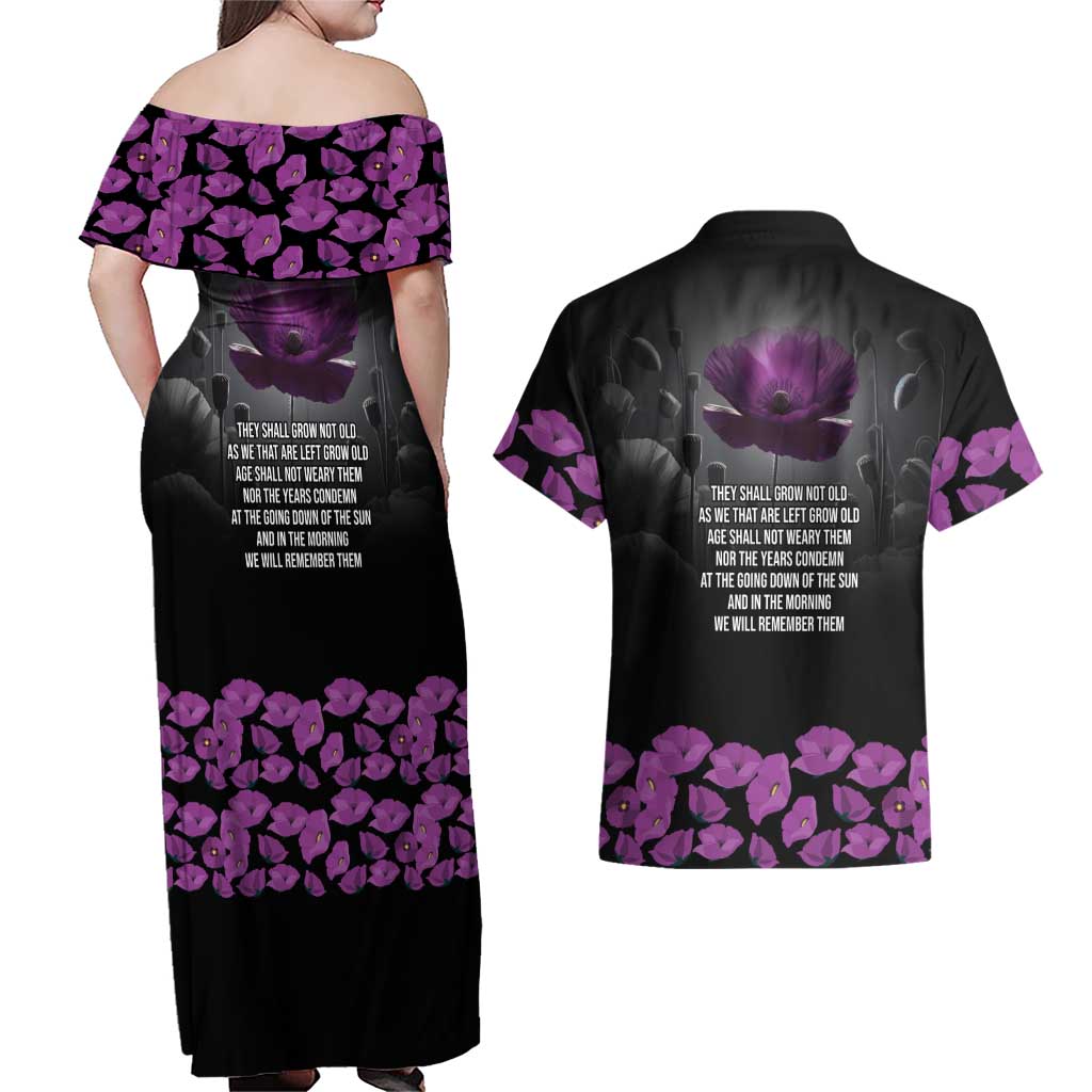 ANZAC Day Remembrance Couples Matching Off Shoulder Maxi Dress and Hawaiian Shirt Purple Poppy We Will Remember Them