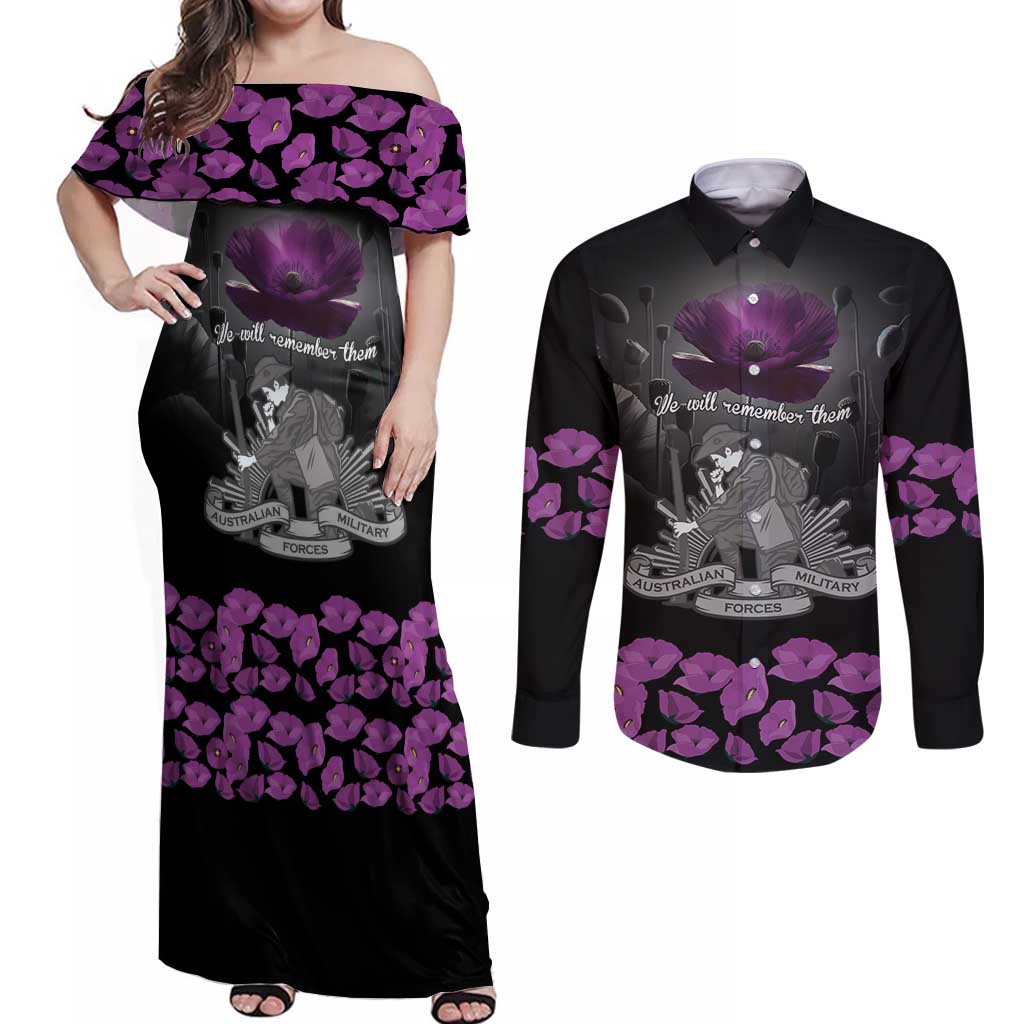 ANZAC Day Remembrance Couples Matching Off Shoulder Maxi Dress and Long Sleeve Button Shirt Purple Poppy We Will Remember Them