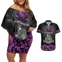 ANZAC Day Remembrance Couples Matching Off Shoulder Short Dress and Hawaiian Shirt Purple Poppy We Will Remember Them