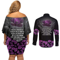 ANZAC Day Remembrance Couples Matching Off Shoulder Short Dress and Long Sleeve Button Shirt Purple Poppy We Will Remember Them