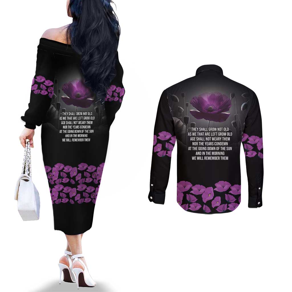 ANZAC Day Remembrance Couples Matching Off The Shoulder Long Sleeve Dress and Long Sleeve Button Shirt Purple Poppy We Will Remember Them LT9 - Polynesian Pride