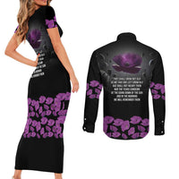 ANZAC Day Remembrance Couples Matching Short Sleeve Bodycon Dress and Long Sleeve Button Shirt Purple Poppy We Will Remember Them LT9 - Polynesian Pride