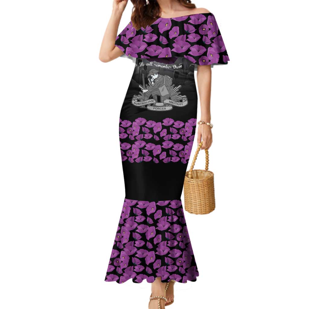 ANZAC Day Remembrance Family Matching Mermaid Dress and Hawaiian Shirt Purple Poppy We Will Remember Them LT9 Mom's Dress Purple - Polynesian Pride