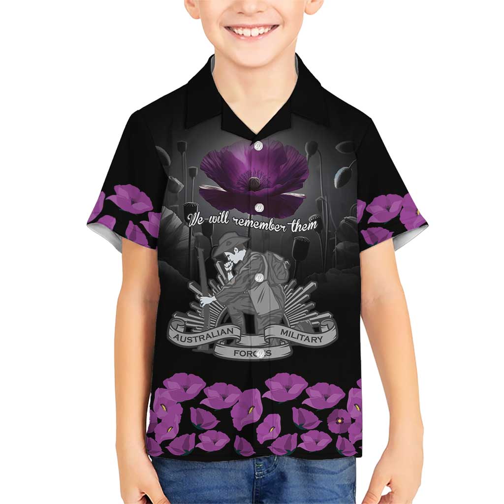 ANZAC Day Remembrance Kid Hawaiian Shirt Purple Poppy We Will Remember Them