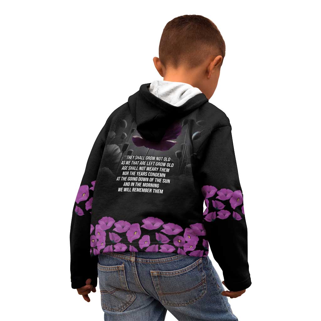 ANZAC Day Remembrance Kid Hoodie Purple Poppy We Will Remember Them