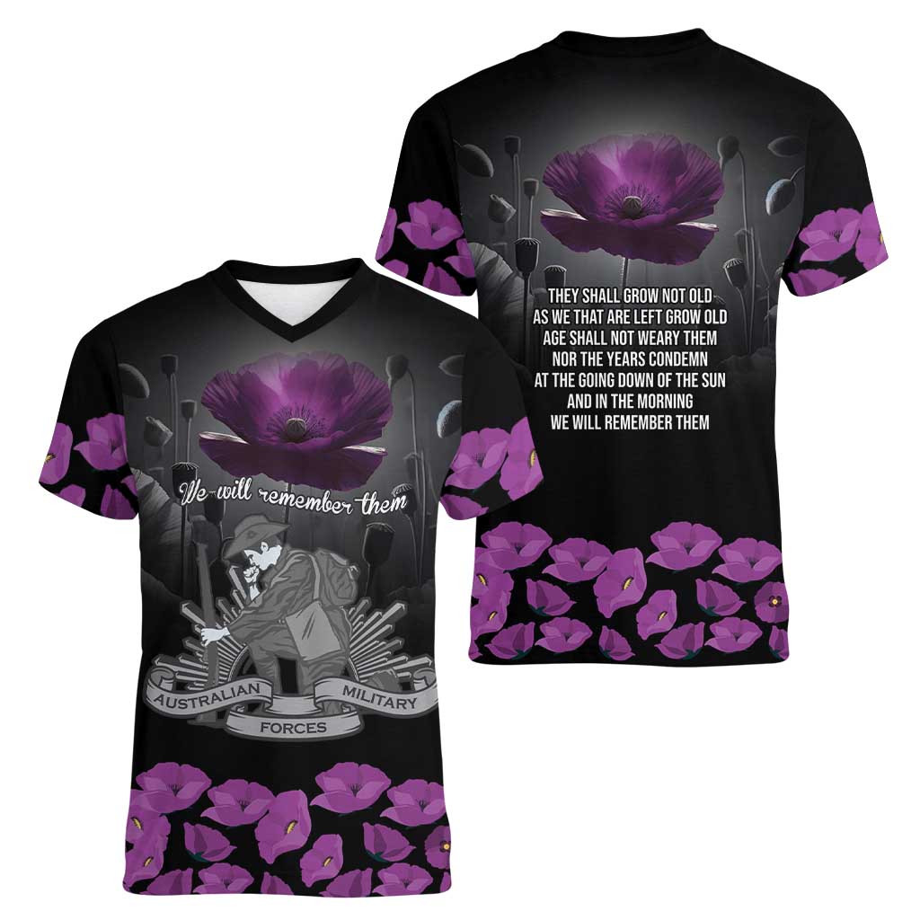 ANZAC Day Remembrance Women V-Neck T-Shirt Purple Poppy We Will Remember Them