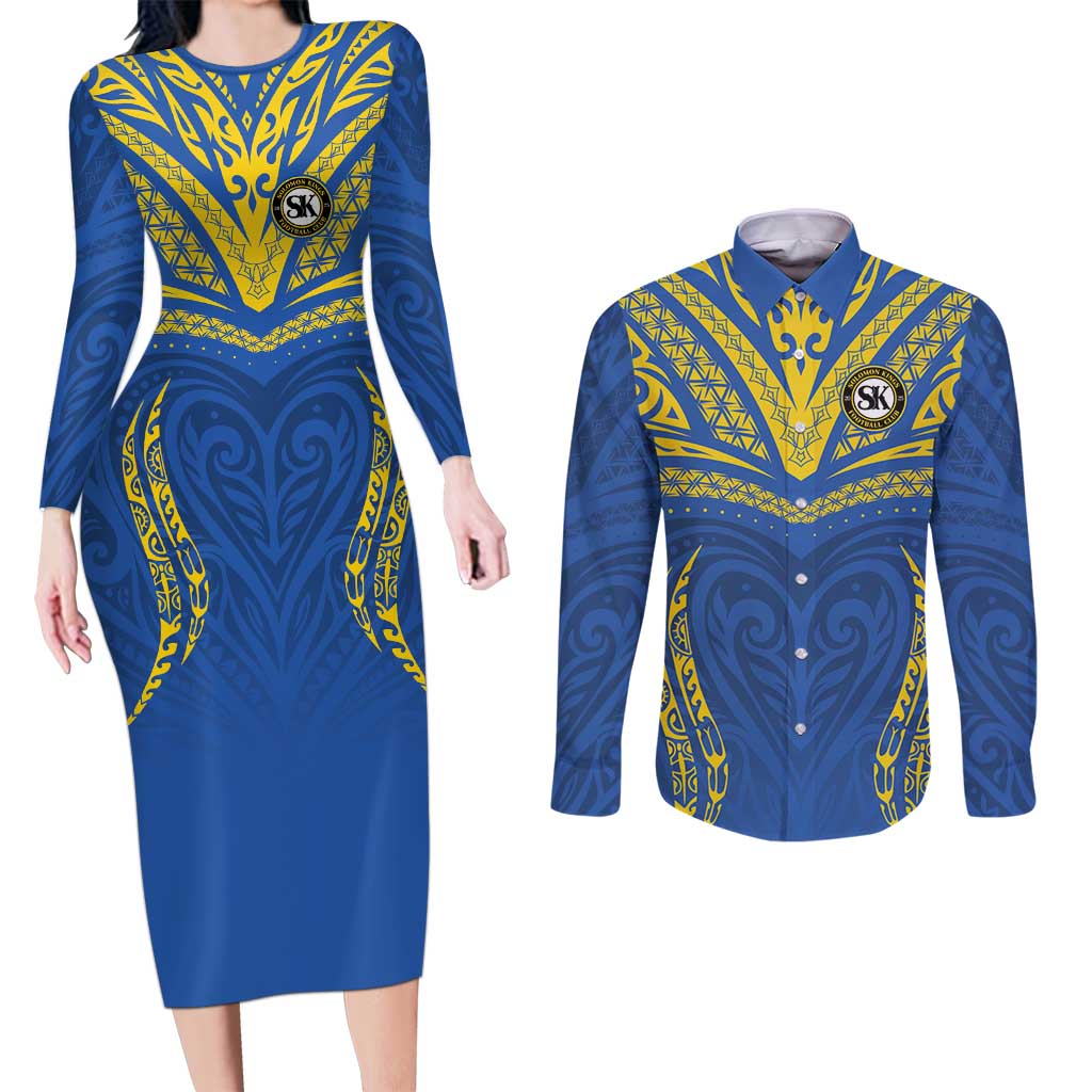 Custom Oceania Football Solomon Kings Couples Matching Long Sleeve Bodycon Dress and Long Sleeve Button Shirt Polynesian Tribal Pattern LT9 Blue - Polynesian Pride