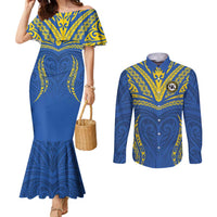 Custom Oceania Football Solomon Kings Couples Matching Mermaid Dress and Long Sleeve Button Shirt Polynesian Tribal Pattern LT9 Blue - Polynesian Pride