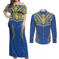 Custom Oceania Football Solomon Kings Couples Matching Off Shoulder Maxi Dress and Long Sleeve Button Shirt Polynesian Tribal Pattern LT9 Blue - Polynesian Pride
