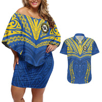 Custom Oceania Football Solomon Kings Couples Matching Off Shoulder Short Dress and Hawaiian Shirt Polynesian Tribal Pattern LT9 Blue - Polynesian Pride