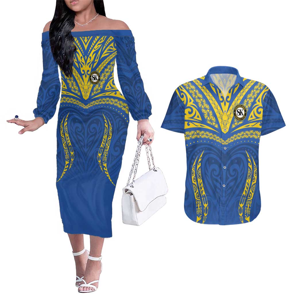 Custom Oceania Football Solomon Kings Couples Matching Off The Shoulder Long Sleeve Dress and Hawaiian Shirt Polynesian Tribal Pattern LT9 Blue - Polynesian Pride