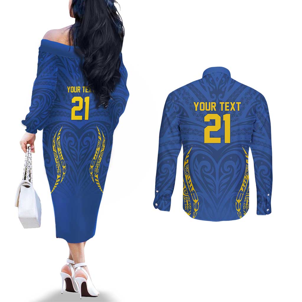 Custom Oceania Football Solomon Kings Couples Matching Off The Shoulder Long Sleeve Dress and Long Sleeve Button Shirt Polynesian Tribal Pattern LT9 - Polynesian Pride