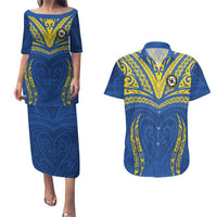 Custom Oceania Football Solomon Kings Couples Matching Puletasi and Hawaiian Shirt Polynesian Tribal Pattern LT9 Blue - Polynesian Pride