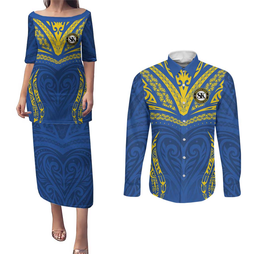 Custom Oceania Football Solomon Kings Couples Matching Puletasi and Long Sleeve Button Shirt Polynesian Tribal Pattern