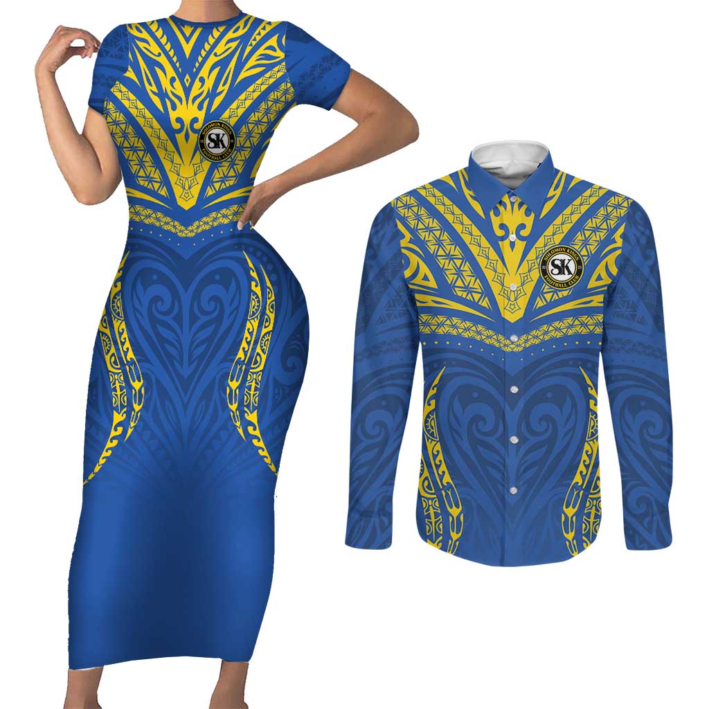 Custom Oceania Football Solomon Kings Couples Matching Short Sleeve Bodycon Dress and Long Sleeve Button Shirt Polynesian Tribal Pattern LT9 Blue - Polynesian Pride